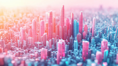 Pink and blue futuristic skyscrapers dominate the skyline in a vibrant cityscape, creating a stunning architectural landscape under a warm sunset glow. Generative aiの素材