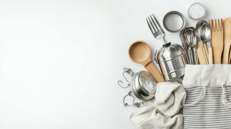 Reusable stainless steel and wooden kitchen utensils are emerging from a striped cotton bag, promoting a sustainable lifestyle and reducing plastic waste in cooking and meal preparation. Generative aiの素材