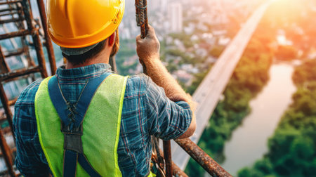Construction worker wearing a yellow helmet and safety vest holding onto a metal beam high above a cityscape with a bridge and river in the background during sunset. Generative aiの素材