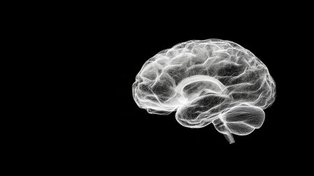 White wireframe human brain glowing on a black background, representing the complexity and interconnectedness of thoughts, memories, and consciousness. Generative aiの素材