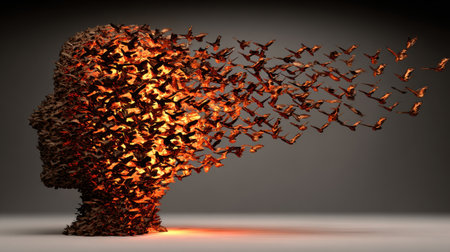 Swarming bats flying from a human head create a dispersion effect, symbolizing mental health struggles and emotional turmoil. Generative aiの素材