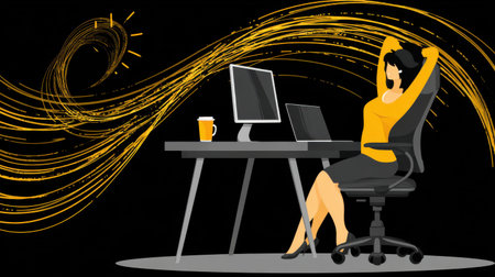 Businesswoman is relaxing and stretching at her desk with a golden idea flowing behind her, suggesting creativity, innovation, and success in business. Generative aiの素材