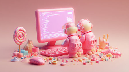 Two pink astronaut robots wearing headphones are coding on a pink computer surrounded by candy and toys in a whimsical pink candy land. Generative aiの素材