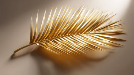 Displaying a golden palm leaf on a neutral background, radiating elegance and capturing the essence of tropical beauty and sophistication. Generative aiの素材