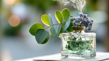 Eucalyptus and lavender essential oil diffuser releasing aromatic smoke, creating a relaxing and pleasant atmosphere with natural scents. Generative aiの素材