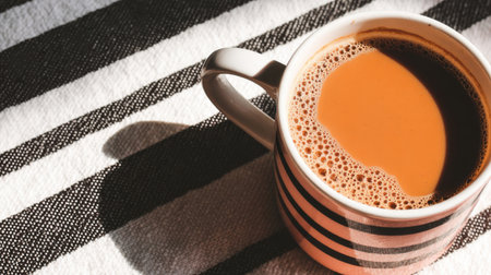 Pink and white striped coffee mug filled with foamy milk tea sits on a black and white striped towel, illuminated by bright sunlight, creating a cozy and inviting scene. Generative aiの素材
