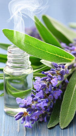 Small glass bottle with essential oil is releasing a soothing aroma, surrounded by fresh lavender flowers and green leaves on a rustic blue wooden surface. Generative aiの素材