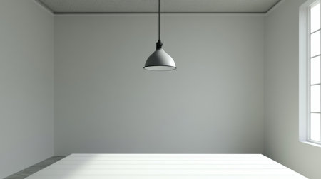Minimalist interior design featuring an empty room with a white table, a hanging lamp, a large window, and gray walls, creating a serene and spacious atmosphere. Generative aiの素材