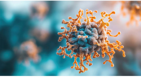Microscopic view of a virus with orange spikes and a blue-purple core floating in a blurry background, highlighting disease potential. Generative aiの素材