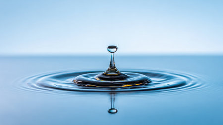 Water droplet splashing into a calm pool, creating concentric ripples on a serene blue background, embodies tranquility and beauty. Generative aiの素材