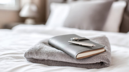 Gray notebook with a pen resting on a soft gray towel on a made bed in a hotel room, creating a relaxing and productive atmosphere. Generative aiの素材