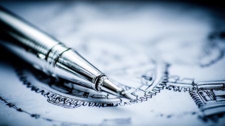Close-up view of a mechanical pencil resting on a detailed blueprint featuring gear sketches, highlighting the intricate processes of engineering, design, and planning. Generative aiの素材