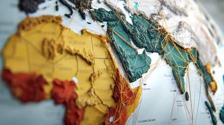 Golden threads represent international connections and trade routes, spanning across a detailed 3d world map, highlighting the middle east and africa. Generative aiの素材