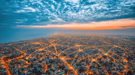 Illuminated network visually connecting city districts at sunset, representing smart city infrastructure and interconnected urban landscape. Generative aiの素材