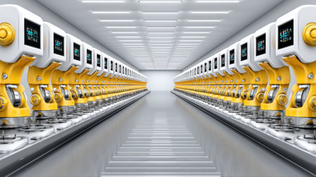 Modern factory processing line with robotic arms working and producing some components, representing the concept of industrial automation and smart manufacturing. Generative aiの素材