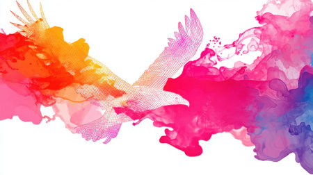 Polygonal eagle soaring through vibrant smoke trails against a clean white background, embodying freedom and power. Generative aiの素材