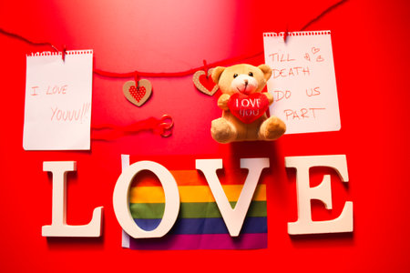 white love words on a red background and sting leaves written with sentences of love and hearts and gay pride flag and bear with red heartの写真素材