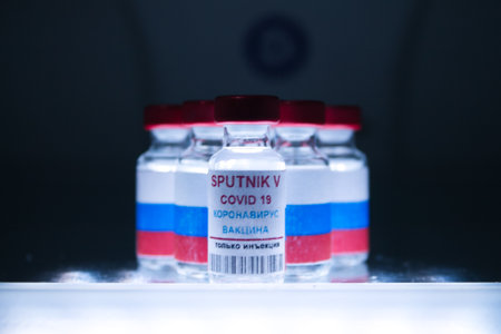 russian covid 19 vaccines in refrigerator for use in hospital. Translation tag text reads, corona virus vaccine injection onlyのeditorial素材