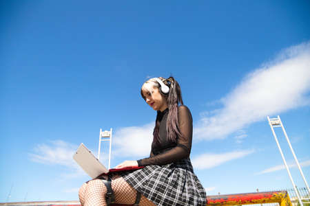 young and beautiful university girl with a punk tendency. she is sitting in the park. she has a laptop in her hands and is doing homework to take to class. Concept education and teachersの写真素材