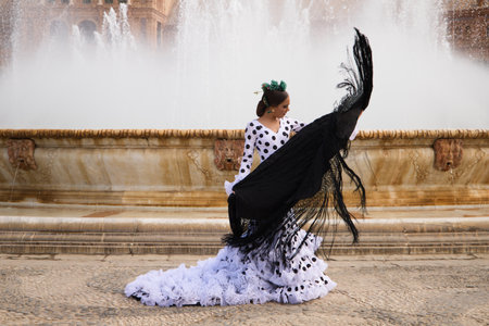 Female flamenco dancer, teenage brunette and beautiful typical Spanish dancer is dancing with a black shawl in front of a fountain in a square in Seville. Flemish concept of world cultural heritage.の写真素材