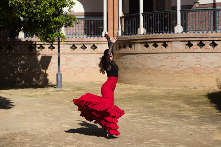 Beautiful woman dancing flamenco in Seville, Spain. She wears a red and black dress typical of a flamenco dancer with a lot of art, you can see the movement in the air of the frilly dress.の写真素材