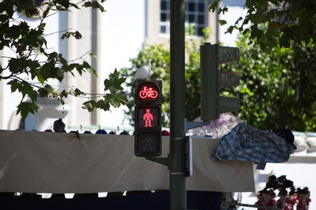 red traffic light for pedestrians and bicycles, cyclists. Road safety concept.の写真素材
