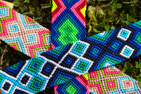 group of brightly colored dog collars on the green grass.の写真素材