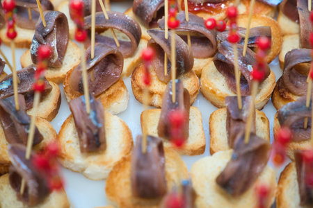 Canape of different flavors, fish, seafood, ham, meat, vegetables ready to serve in a catering serviceの写真素材