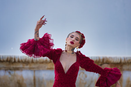 A beautiful woman dancing flamenco in a square in Seville, Spain. She is wearing a red dress with ruffles and dancing flamenco with great artistry. Flamenco, cultural heritage of humanityの写真素材