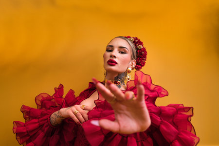 A beautiful woman dancing flamenco in a red dress with ruffles and a red flower in her hair holds out her hand with false nails to the camera. In the background are geraniums and an orange wallの写真素材