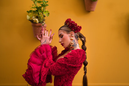 A beautiful woman dancing flamenco and clapping her hands against an orange background with pots of geraniums at the fair in Seville, Spain. She is wearing a red dress with rufflesの写真素材