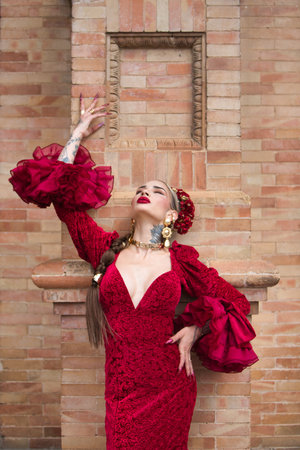 A beautiful woman dancing flamenco in a square in Seville, Spain. She is wearing a red dress with ruffles and dancing flamenco with great artistry. Flamenco, cultural heritage of humanityの写真素材