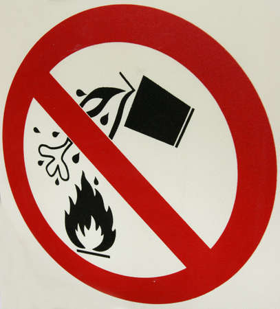 Warning sign of : do not use water on fireの写真素材
