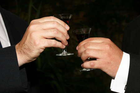 Two men toasting with sherryの写真素材