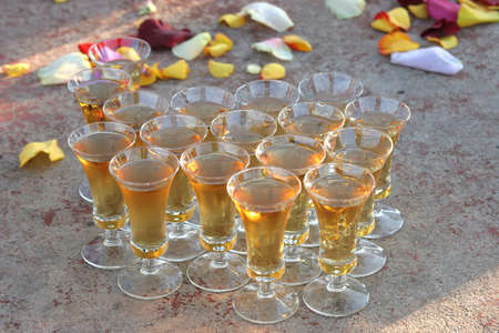 Glasses of wine after a wedding celebrationの写真素材