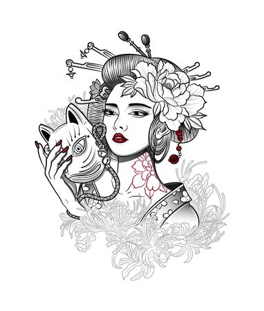 geisha with a demon mask in his handのイラスト素材