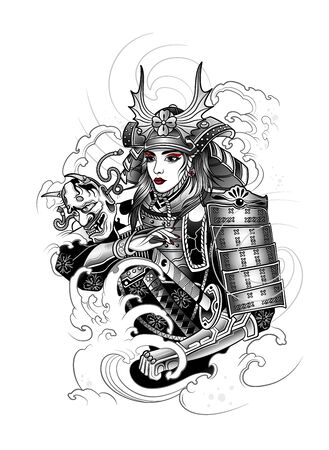 japanese samurai girl in war suit, katanaのイラスト素材