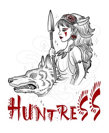 hunting goddess girl with guns and wolfのイラスト素材