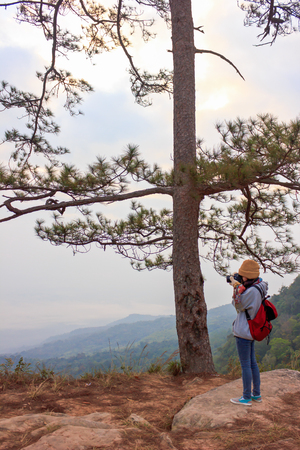the girl take a photo on the top of mountainの写真素材
