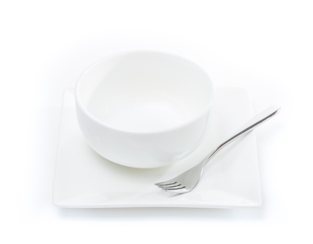 white ceramics plate and bowl isolated on white backgroundの写真素材