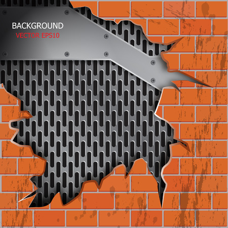 vector brick wall cracks, metallic grill background for textのイラスト素材