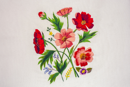 Embroidery : beautiful red flowersの写真素材