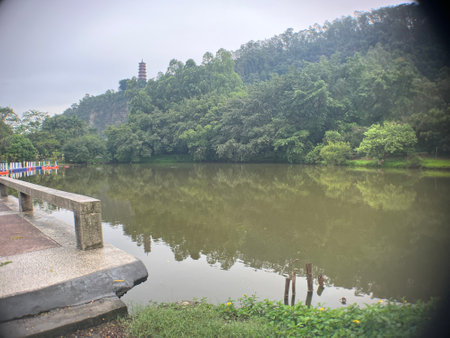 The Lake Tower Landscape of Puzhou Park in Nansha, Guangzhou, China