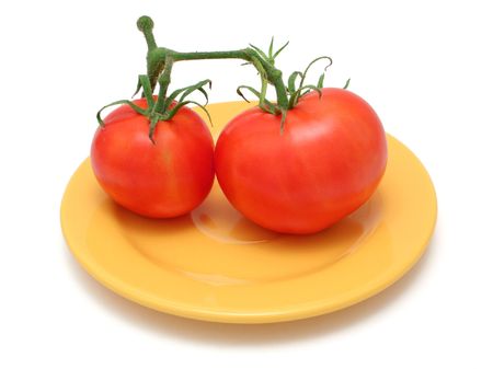 Pair of tomatoes on the plateの写真素材