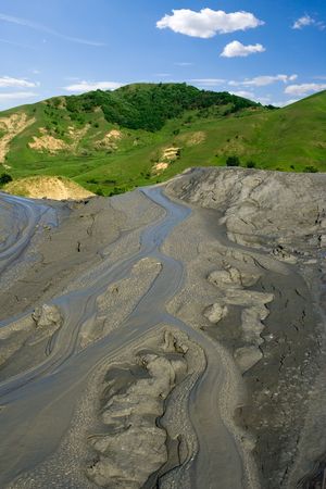 Muddy volcanoes (in Buzau, Romania), flowing mudの写真素材