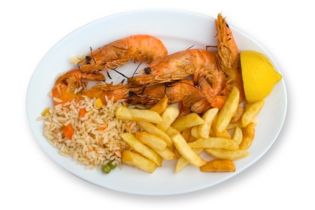 Menu of shrimp, rice and french friesの写真素材