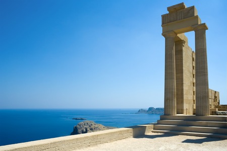 Partially rebuilt temple of Athena Lindia at the Acropolis of Lindos, Rhodes, Greeceの写真素材