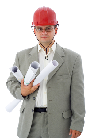 Construction engineer with rolls of projects and red protective hatの写真素材