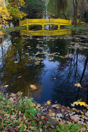 Yellow bridge through a lake in autumnの写真素材