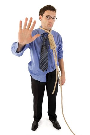 Sorrow businessman's last wave to the world before a difficult step in his lifeの写真素材